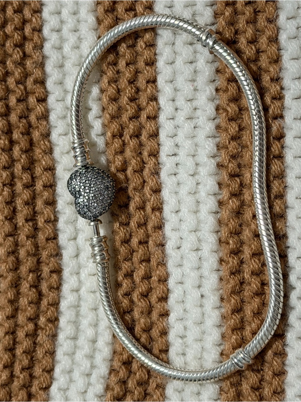 Pandora Silver Snake Chain Bracelet with Pavé Black Heart Charm